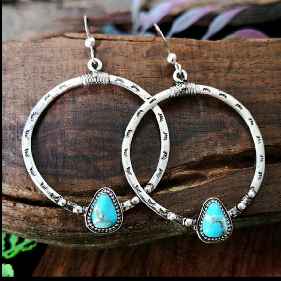 Silver Turquoise Hoop Drop Earrings Southwestern - Picture 2 of 6